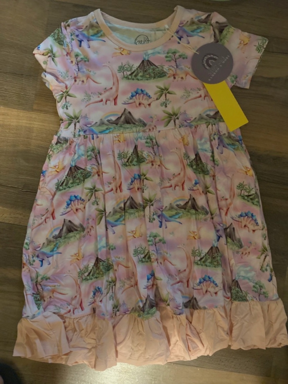 7/8 Bamboo twirl Dinosaur Print Ruffle Hem Dress NWT